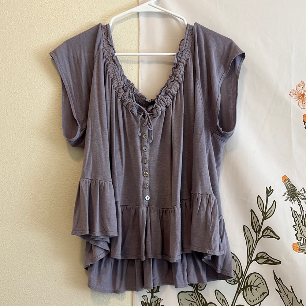 Free People Lavender Purple Lace Edge Flowy Peplum Short Sleeve Top
